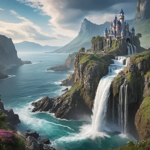 Prompt: A beautiful coastal scene, dramatic display of waterfall near the enchanted castle with beautiful mountains