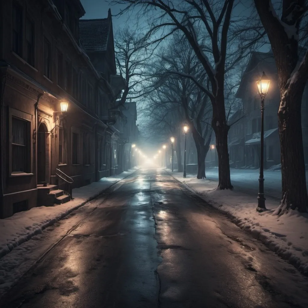 Prompt: Showcase the amazing and suspicious 
image of a haunted street with lights in the night time in the winter 