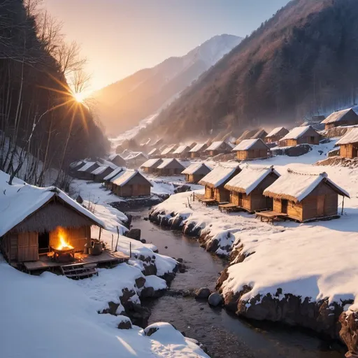 Prompt: Group of huts on a mountain in a village 
near by a stream cooking food in the sunrise  in the winter season in a dense forest mountain area