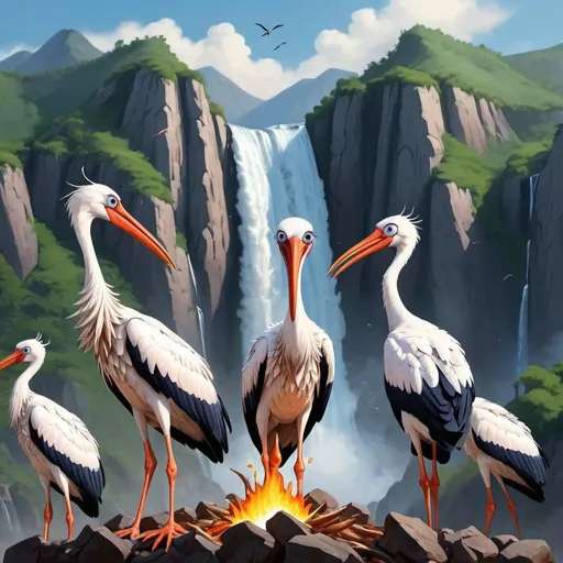 Prompt:  group of storks are holding fish in their beaks near the fascinating mountains and the dramatic display of waterfall an da born fire 
