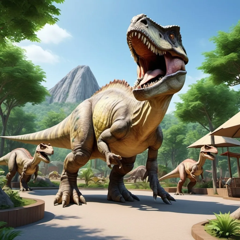 Prompt: Showcase the reality of an eco-friendly
dinosaur Park which exhibits the advanced technology used in the park surrounded by beautiful nature