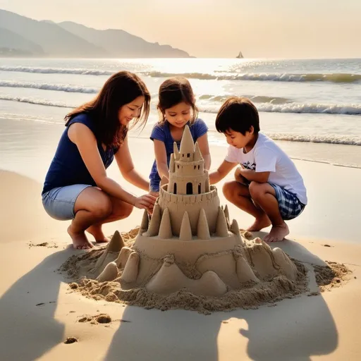 Prompt: Showcase the love warmth and togetherness of a family moment enjoying making sand castle in the beach ,sunshine enchanting and awe -inspiring beautiful beach 