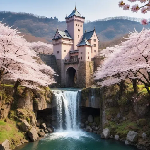 Prompt: A magnificent castle with enchanted garden surrounded by cherry blossom trees in winter near the dramatic waterfall 