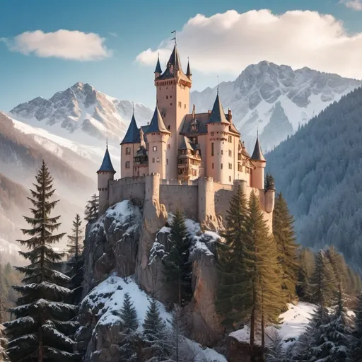 Prompt: An enchanting castle near the mountains surrounded by pine trees where a beautiful bird sitting on a pine tree in the winter sunshine