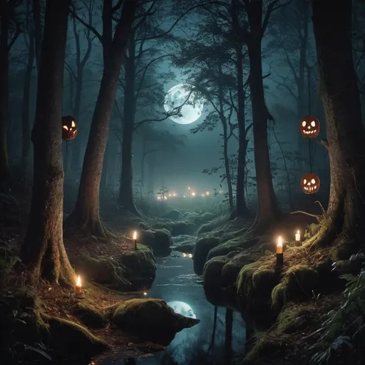Prompt: Display the enchanting and spooky image of a night life in the forest 