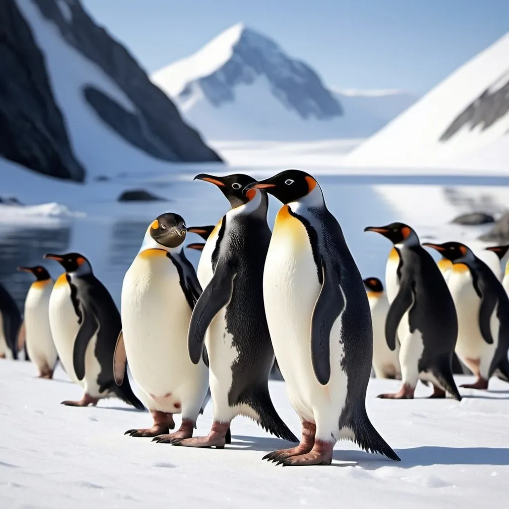 Prompt: A beautiful and a jaw dropping image of penguins waddling in the snow mountain region