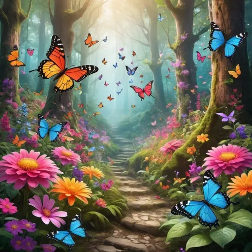 Prompt: A hidden enchanted forest,filled with blooming flowers of vivid colors and colorful butterflies fluttering around the flowers 