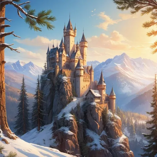 Prompt: Enchanting castle near mountains, snowy pine tree landscape, beautiful bird perched on tree branch, winter sunshine, detailed castle architecture, highres, snowy landscape, fantasy, majestic pine trees, detailed bird feathers, warm sunlight, fairytale, magical atmosphere, realistic painting, bright color palette, soft lighting