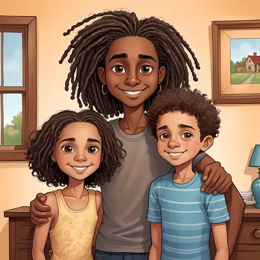 Prompt: Children's book illustration of a cartoon dark brown-haired boy brownskin with big brown eyes taking a family picture with his older brother and older sister, mother and father has locs. full color, detailed eyes, whimsical, high quality, vibrant colors, home setting, heartwarming, joyful, innocent, charming, traditional art style