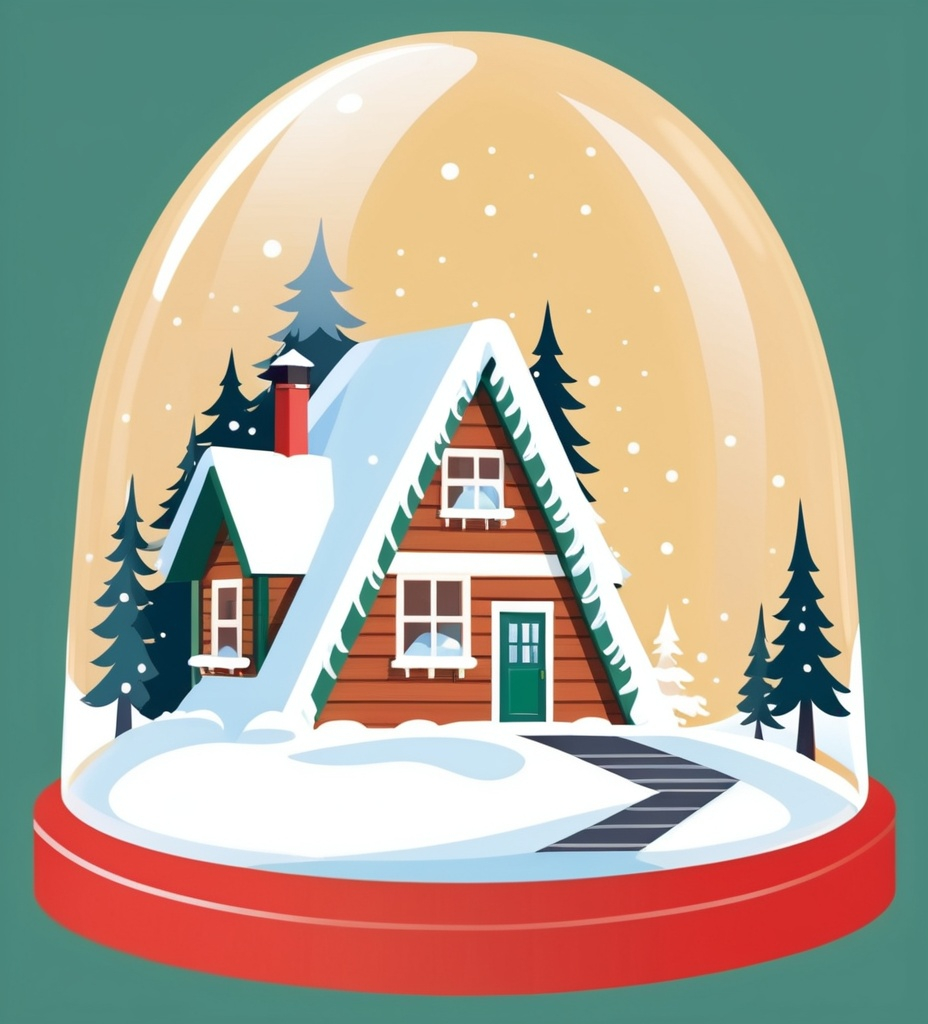 Prompt: illustrations for a christmas card,winter scenery with an A-frame chalet pine tree and snow inside of a christmas tree ball, flat design, 2D, white background.