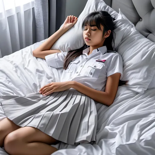 Prompt: A sleeping (heavenly beautiful, 15 year old) Singaporean schoolgirl wearing <mymodel> white shirt (no bagde, tags) and white pleated skirt. Lying flat On a grey bed. Eyes closed.

 64k resolution. Beautiful face, slim and pony-tail hair with bangs. full body view.

