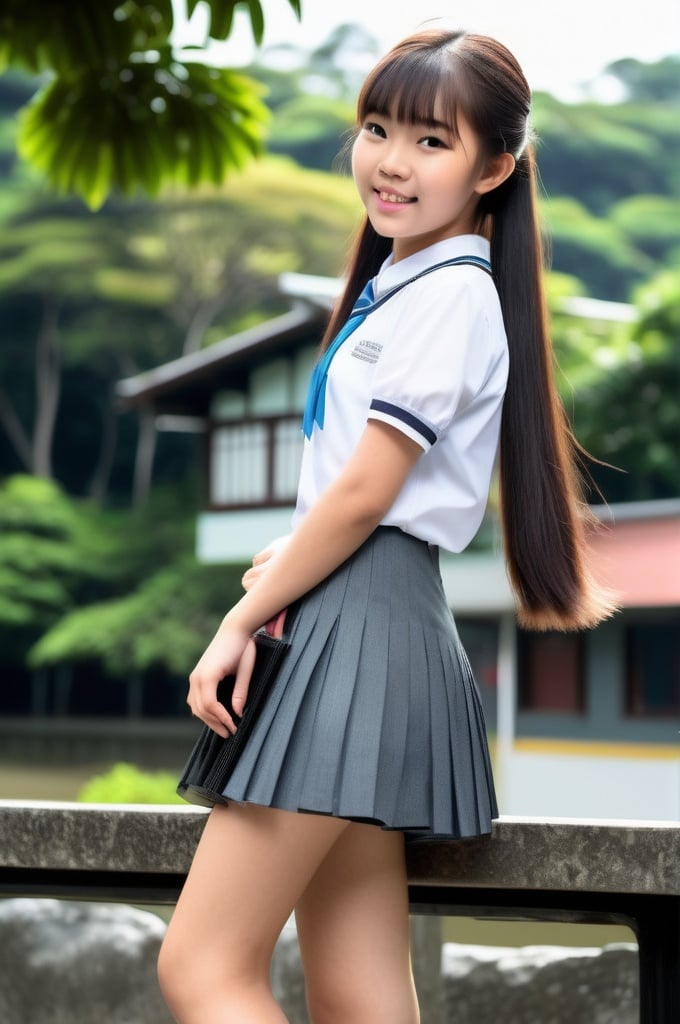 Prompt: a heavenly beautiful 15 year old Singaporean swiss cottage secondary schoolgirl (Eleanor Lee). Slim. Ponytail with Hair fringe. Livor Mortis.