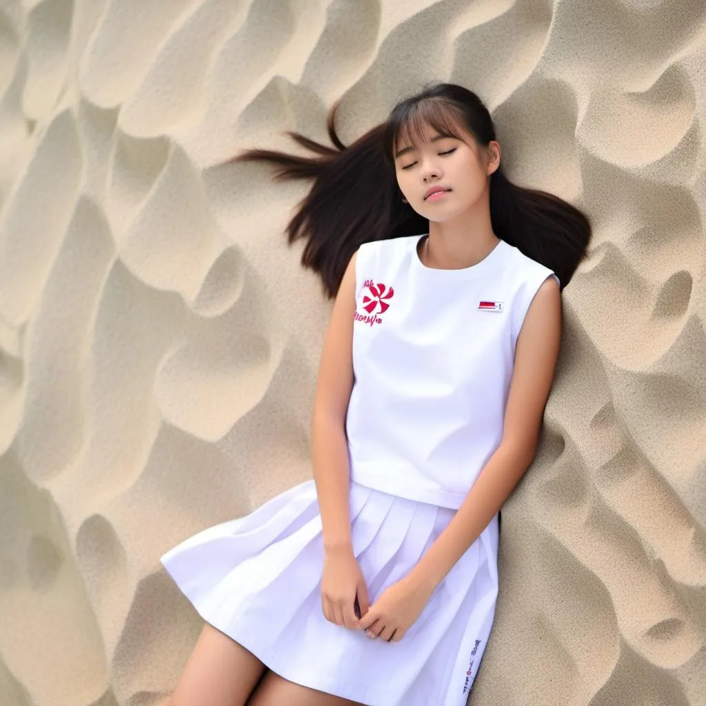 Prompt: A sleeping (sweet young beautiful ) singaporean high school girl lying on sand. She is wearing singaporean secondary school  (white  sleeveless, no logo)<mymodel> uniform shirt and long (white) school skirt . Short Pony tail hair with bangs. Full body view.

64K high resolution facial features.