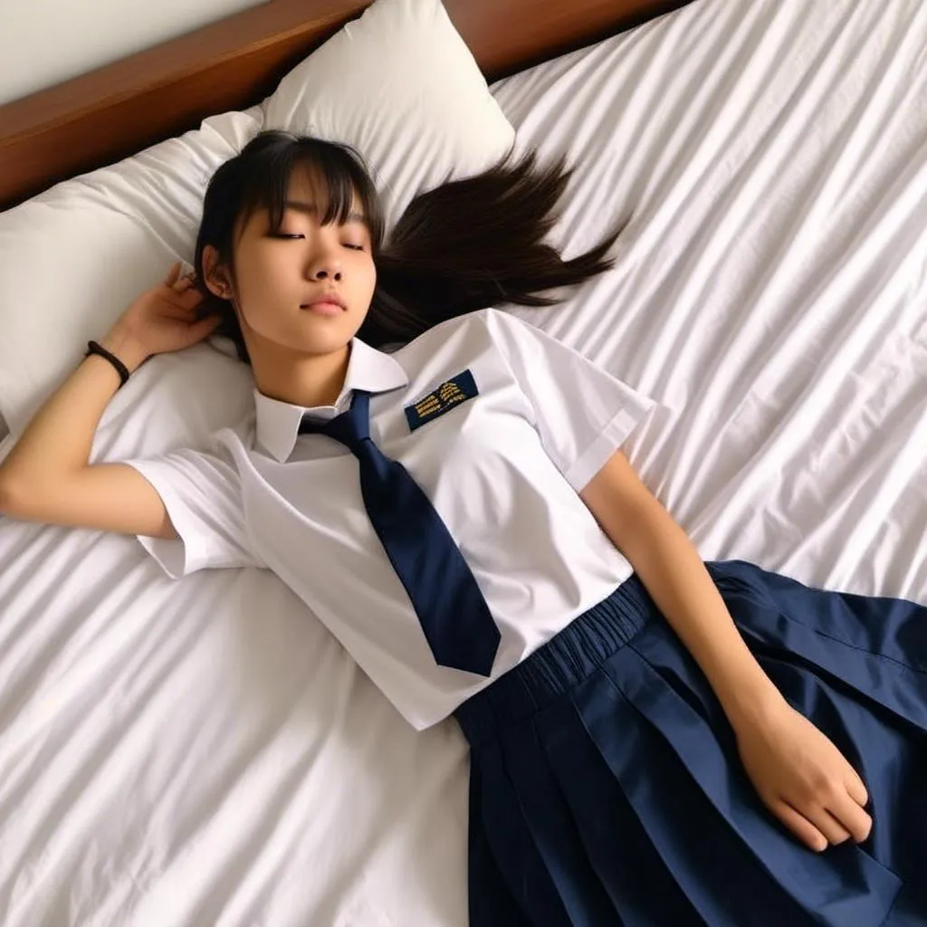 Prompt: A slim sleeping (heavenly beautiful, 15 year old) Singaporean schoolgirl wearing <mymodel> White shirt  and  blue pleated skirt. Lying flat On a white bed. Eyes closed.

 64k resolution. Beautiful face, slim and pony-tail hair with bangs. full body view.

