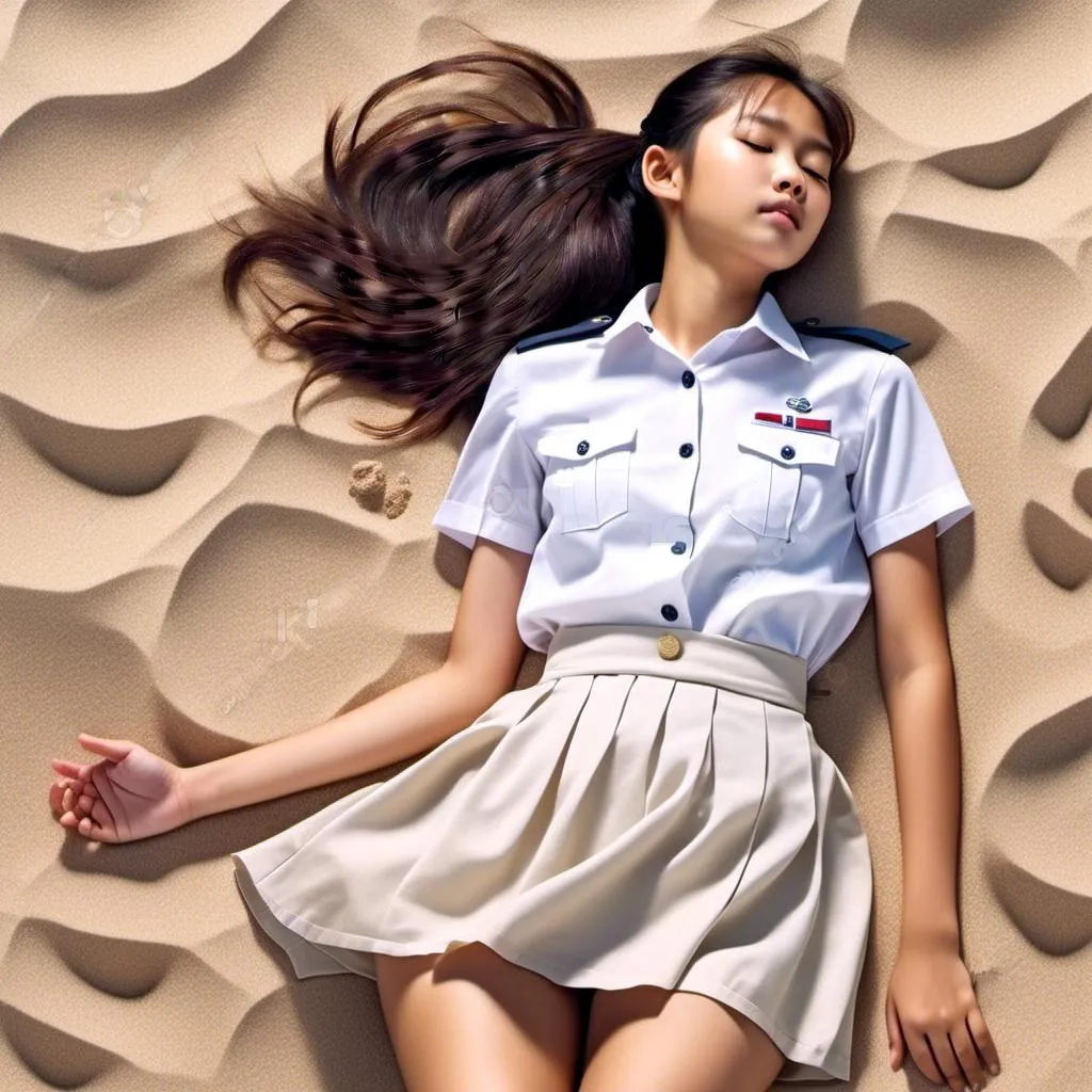 Prompt:  a (heavenly beautiful, young, slim, fair, chinese singaporean, ponytail hair, big chest) sleeping 15 year old schoolgirl wearing <mymodel> lying on sand. Eyes closed. Long skirt.

Full body view.
64K high resolution and Clarity.