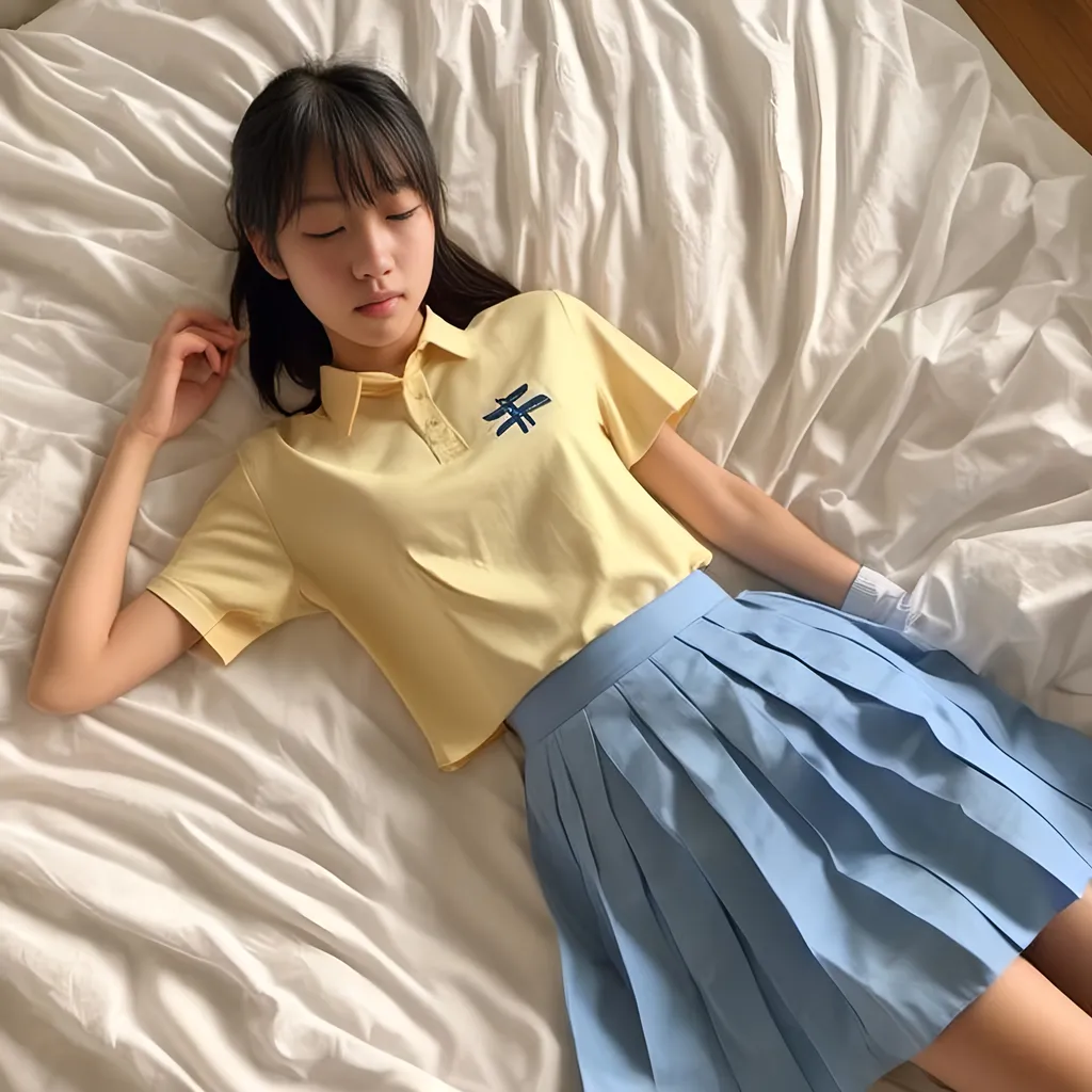 Prompt: sleeping flat on the bed, a (heavenly beautiful, 15 year old) Singaporean schoolgirl wearing <mymodel> (pale yellow color) shirt and 9bright blue color)pleated skirt. Eyes closed.

64k resolution. Beautiful face, slim and ponytail hair with bangs. full body view.

