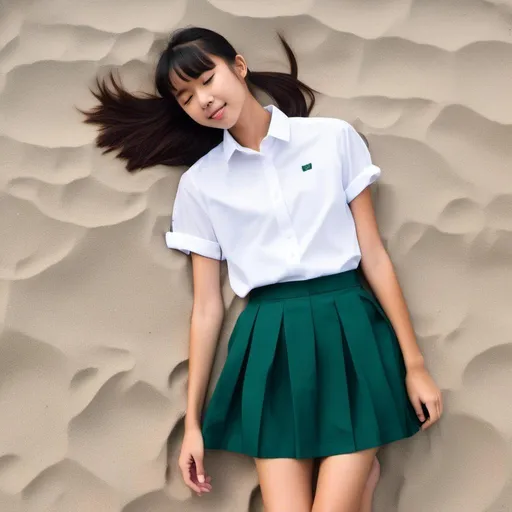 Prompt:  a sleeping (sweet young beautiful) Singaporean high school girl lying flat on sand. She is wearing secondary school white  <mymodel> uniform shirt and green school pleated skirt . 

short Pony tail hair with bangs. Full body view.

64K photo quality.