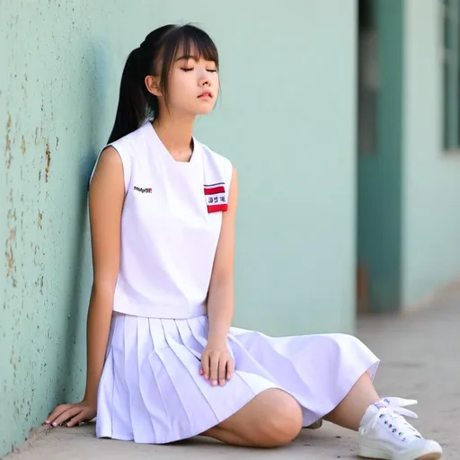 Prompt: A sleeping (heavenly beautiful )  schoolgirl wearing <mymodel> white sleeveless shirt and white pleated skirt.

 64k resolution. Beautiful face, slim and pony-tail hair with bangs. eyes closed. full body view.

