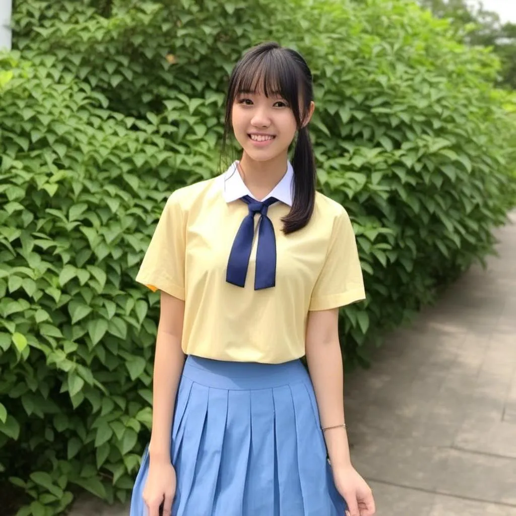 Prompt:  (Eleanor Lee, 15 year old) Singaporean schoolgirl wearing <mymodel> (pale yellow color) shirt and (bright blue color) pleated skirt.

64k resolution. Beautiful face, slim and ponytail hair with bangs. full body view.

