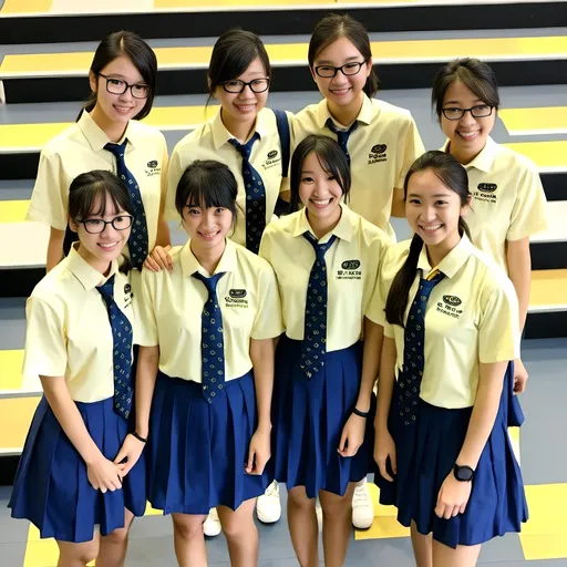 Prompt:  (heavenly beautiful, 15 year old) Singaporean schoolgirls wearing <mymodel> (pale yellow color) shirt and bright blue color pleated skirt.

64k resolution. Beautiful face, slim and ponytail hair with bangs. full body view.

