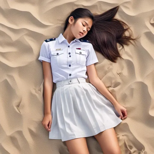 Prompt:  a (heavenly beautiful, young, slim, fair, chinese singaporean, ponytail hair, big chest) sleeping 15 year old schoolgirl wearing <mymodel> lying on sand. Eyes closed. Long skirt.

Full body view.
64K high resolution and Clarity.