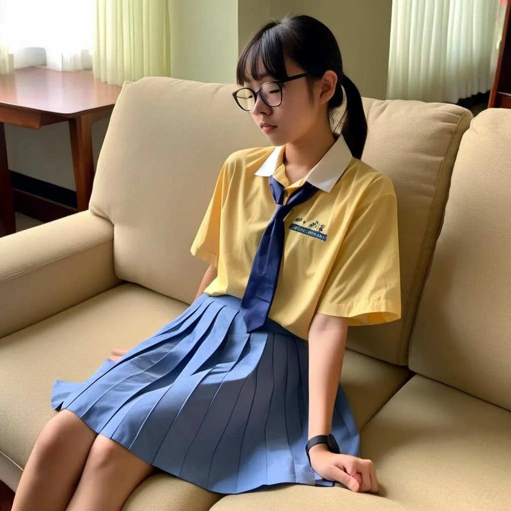 Prompt: Sleeping flat on a couch (Eleanor Lee, 15 year old) Singaporean schoolgirl wearing <mymodel> (pale yellow color) shirt and (bright blue color) pleated skirt. Eyes closed with spectacle.

64k resolution. Beautiful face, slim and ponytail hair with bangs. full body view.

