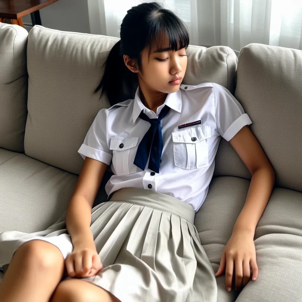 Prompt: A sleeping (heavenly beautiful, 15 year old) Singaporean schoolgirl wearing <mymodel>  white pleated skirt, white shirt (no badge, tags).

Lying flat on a couch. Eyes closed.

 64k resolution. Beautiful face, slim and pony-tail hair with bangs. full body view.

