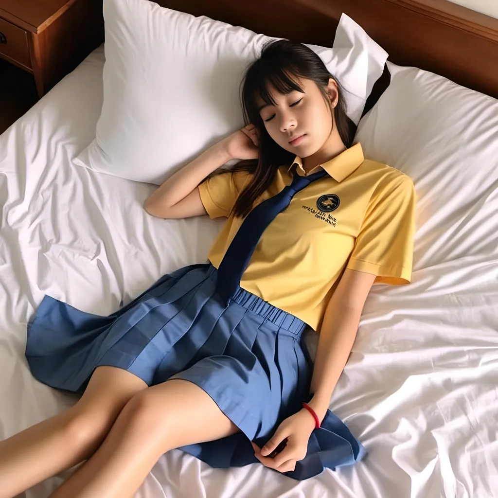 Prompt: A slim sleeping (heavenly beautiful, 15 year old) Singaporean schoolgirl wearing <mymodel> light yellow shirt  and bright blue pleated skirt. Lying flat On a white bed. Eyes closed.

 64k resolution. Beautiful face, slim and pony-tail hair with bangs. full body view.

