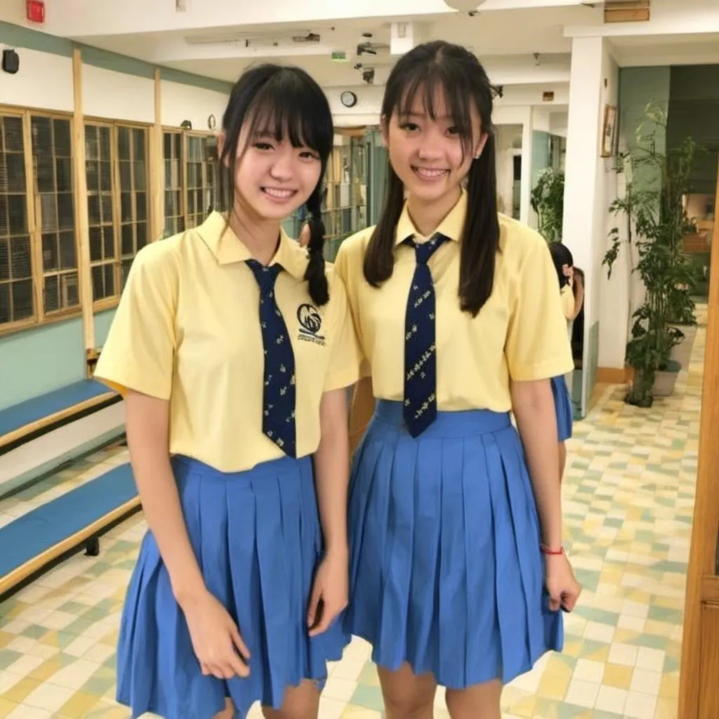 Prompt:  (Eleanor Lee, 15 year old) Singaporean schoolgirl wearing <mymodel> (pale yellow color) shirt and (bright blue color) pleated skirt.

64k resolution. Beautiful face, slim and ponytail hair with bangs. full body view.

