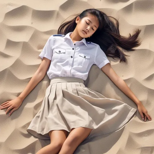 Prompt:  a (heavenly beautiful, young, slim, fair, chinese singaporean, ponytail hair, big chest) sleeping 15 year old schoolgirl wearing <mymodel> lying on sand. Eyes closed. Long skirt.

Full body view.
64K high resolution and Clarity.