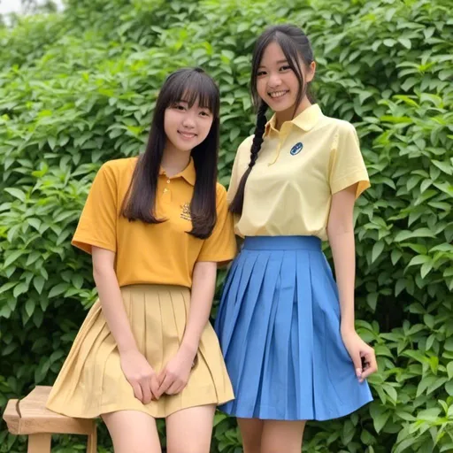 Prompt:  (Eleanor Lee, 15 year old) Singaporean schoolgirl wearing <mymodel> (pale yellow color) shirt and (bright blue color) pleated skirt.

64k resolution. Beautiful face, slim and ponytail hair with bangs. full body view.

