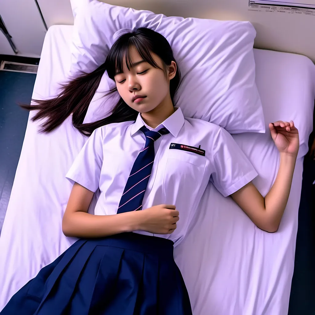 Prompt: A slim sleeping (heavenly beautiful, 15 year old) Singaporean schoolgirl wearing <mymodel> White shirt  and  blue pleated skirt. Lying flat On a white bed. Eyes closed.

 64k resolution. Beautiful face, slim and pony-tail hair with bangs. full body view.


