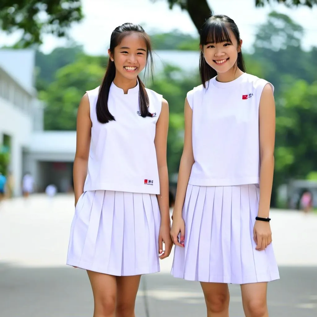 Prompt: A (heavenly beautiful, 15 year old)  Singaporean schoolgirl wearing <mymodel> white sleeveless shirt(no collar) and white pleated skirt.

 64k resolution. Beautiful face, slim and pony-tail hair with bangs. full body view.

