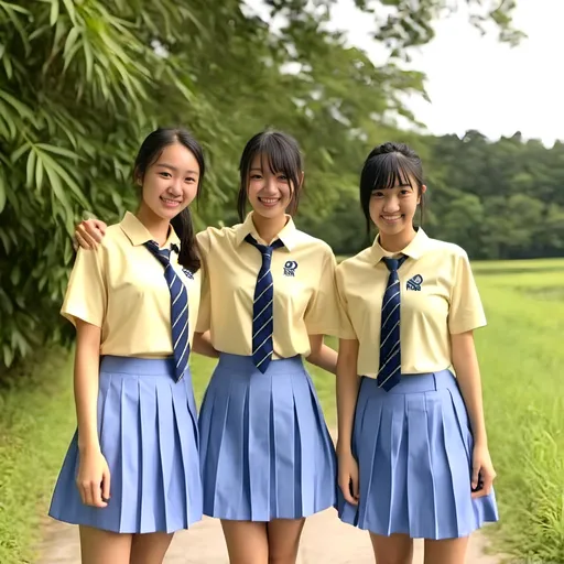 Prompt:  (heavenly beautiful, 15 year old) Singaporean schoolgirls wearing <mymodel> (pale yellow color) shirt and bright blue color pleated skirt in a battlefield.

64k resolution. Beautiful face, slim and ponytail hair with bangs. full body view.

