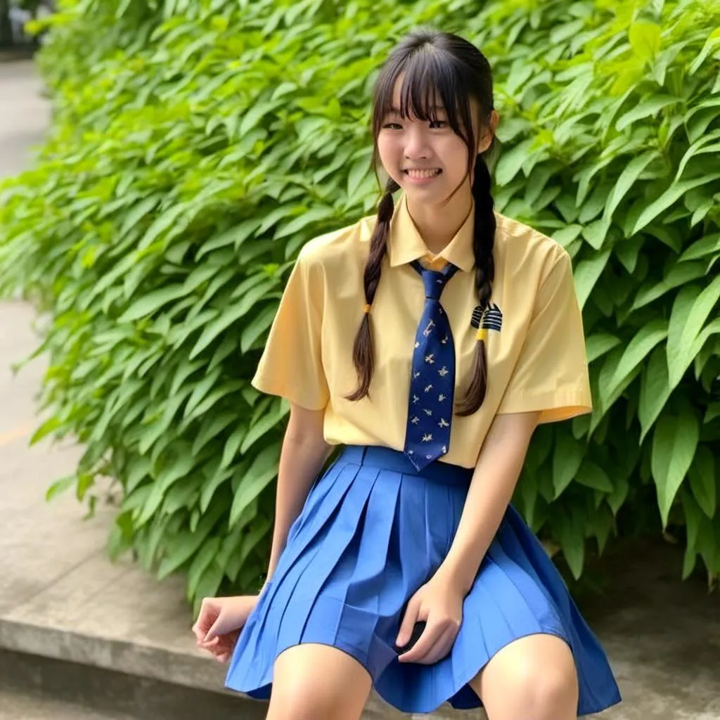 Prompt:  (Eleanor Lee, 15 year old) Singaporean schoolgirl wearing <mymodel> (pale yellow color) shirt and (bright blue color) pleated skirt. Eyes closed.

64k resolution. Beautiful face, slim and ponytail hair with bangs. full body view.

