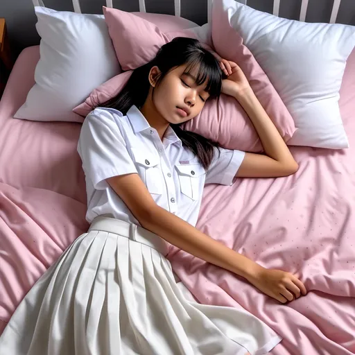 Prompt: A sleeping (heavenly beautiful, 15 year old) Singaporean schoolgirl wearing <mymodel> white shirt (no bagde, tags) and white pleated skirt. Lying flat On a pink bed. Eyes closed.

 64k resolution. Beautiful face, slim and pony-tail hair with bangs. full body view.

