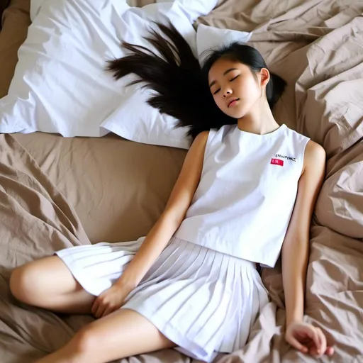 Prompt: A sleeping (heavenly beautiful, 15 year old) Singaporean schoolgirl wearing <mymodel> white sleeveless shirt(no collar) and white pleated skirt. Lying flat On a brown  bed. Eyes closed.

 64k resolution. Beautiful face, slim and pony-tail hair with bangs. full body view.

