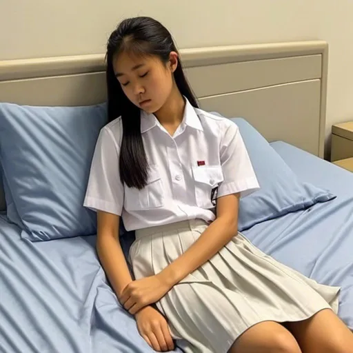 Prompt: A sleeping (heavenly beautiful, 15 year old) Singaporean schoolgirl wearing <mymodel> white shirt (no bagde, tags) and white pleated skirt. Lying flat On blue bed. Eyes closed.

 64k resolution. Beautiful face, slim and pony-tail hair with bangs. full body view.

