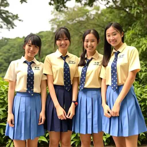 Prompt:  (heavenly beautiful, 15 year old) Singaporean schoolgirls wearing <mymodel> (pale yellow color) shirt and bright blue color pleated skirt.

64k resolution. Beautiful face, slim and ponytail hair with bangs. full body view.

