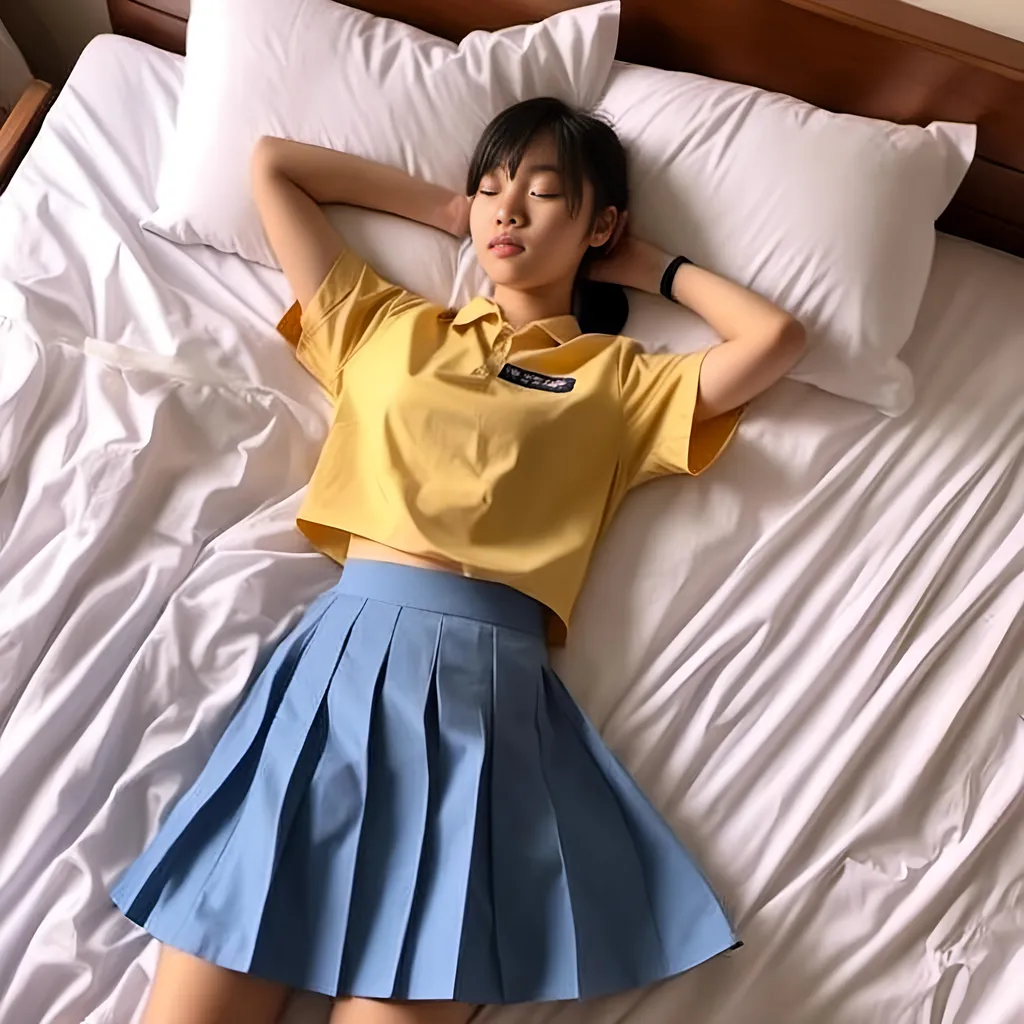 Prompt: A slim sleeping (heavenly beautiful, 15 year old) Singaporean schoolgirl wearing <mymodel> light yellow shirt  and bright blue pleated skirt. Lying flat On a white bed. Eyes closed.

 64k resolution. Beautiful face, slim and pony-tail hair with bangs. full body view.

