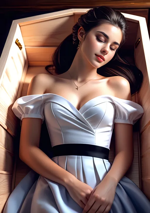 Prompt: Sleeping in a coffin, a heavenly beautiful girl in her 20s with pony tail brunette hair with bangs, pleated skirt, full body, slight skin blemishes, sly smile, high-quality digital painting, realistic style, soft lighting, detailed eyes, subtle freckles, innocent, sweet. eyes closed