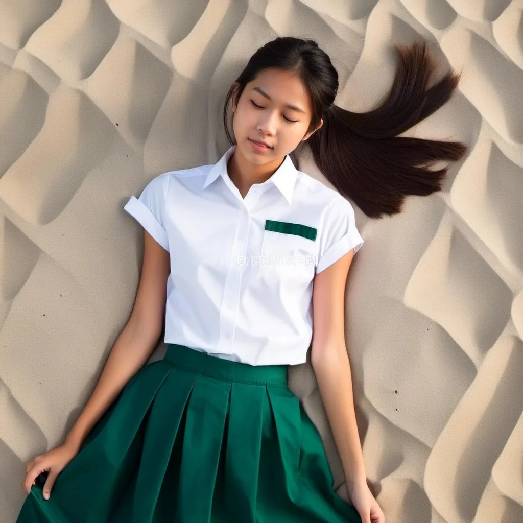 Prompt: Corpse of a sleeping beautiful singaporean high school girl lying on sand. She is wearing singaporean secondary school  white  <mymodel> uniform shirt  and green school pleated skirt . Pony tail hair. Big chest. Full body view.