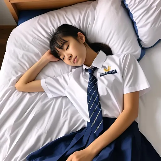 Prompt: A slim sleeping (heavenly beautiful, 15 year old) Singaporean schoolgirl wearing <mymodel> White shirt  and  blue pleated skirt. Lying flat On a white bed. Eyes closed.

 64k resolution. Beautiful face, slim and pony-tail hair with bangs. full body view.

