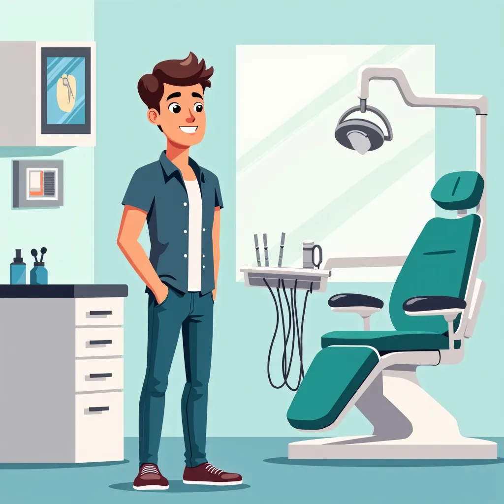 Prompt: Ilustration of a male 30 years old, casual clothes, standing at the dentist office visibly afraid of being there, dentist chair is in the background