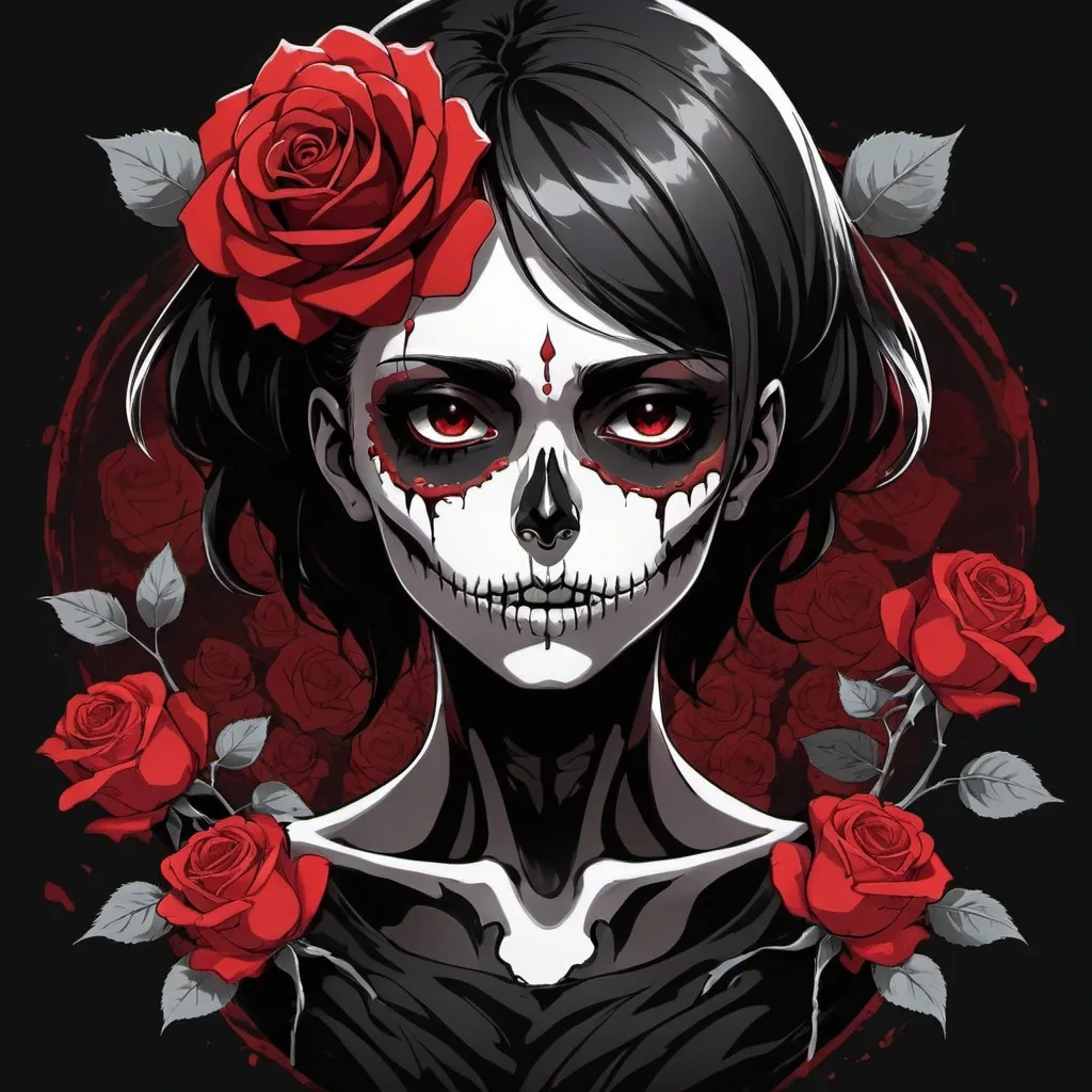 Prompt: woman, skull, black and red rose
anime style