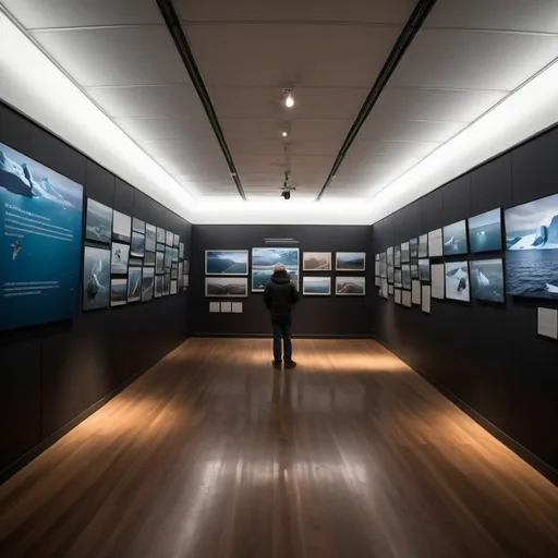 Prompt: The audience enters a darkened room and is greeted by the warm glow of a documentary framing the RSV Nuyina voyage to Macquarie Island, Antarctica. They will enter a About Antarctica images and text  on wall onboarding visitors + audio voice-over

The Antarctic region plays a significant role in maintaining global climate processes. The animated film provides a short history on the importance and legacy of Antarctic exploration. 

A unique soundscape invites visitors into the exhibition space through an introductory hallway and informative text, scientific data, and field guide photographs adorn the walls, hinting at the journey to come. 
