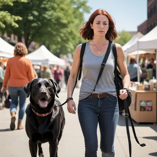 Prompt: an athletic thirty-something woman with auburn shoulder length hair looks nervous walking her black labrador at a downtown crafts fair