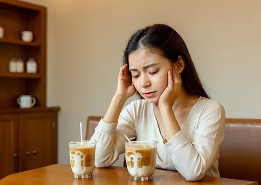 Prompt: a woman sitting at a table with a cup of milk tea and holding her head. And write text side effects of drinking milk tea, holding her head like she is suffering from headache. 