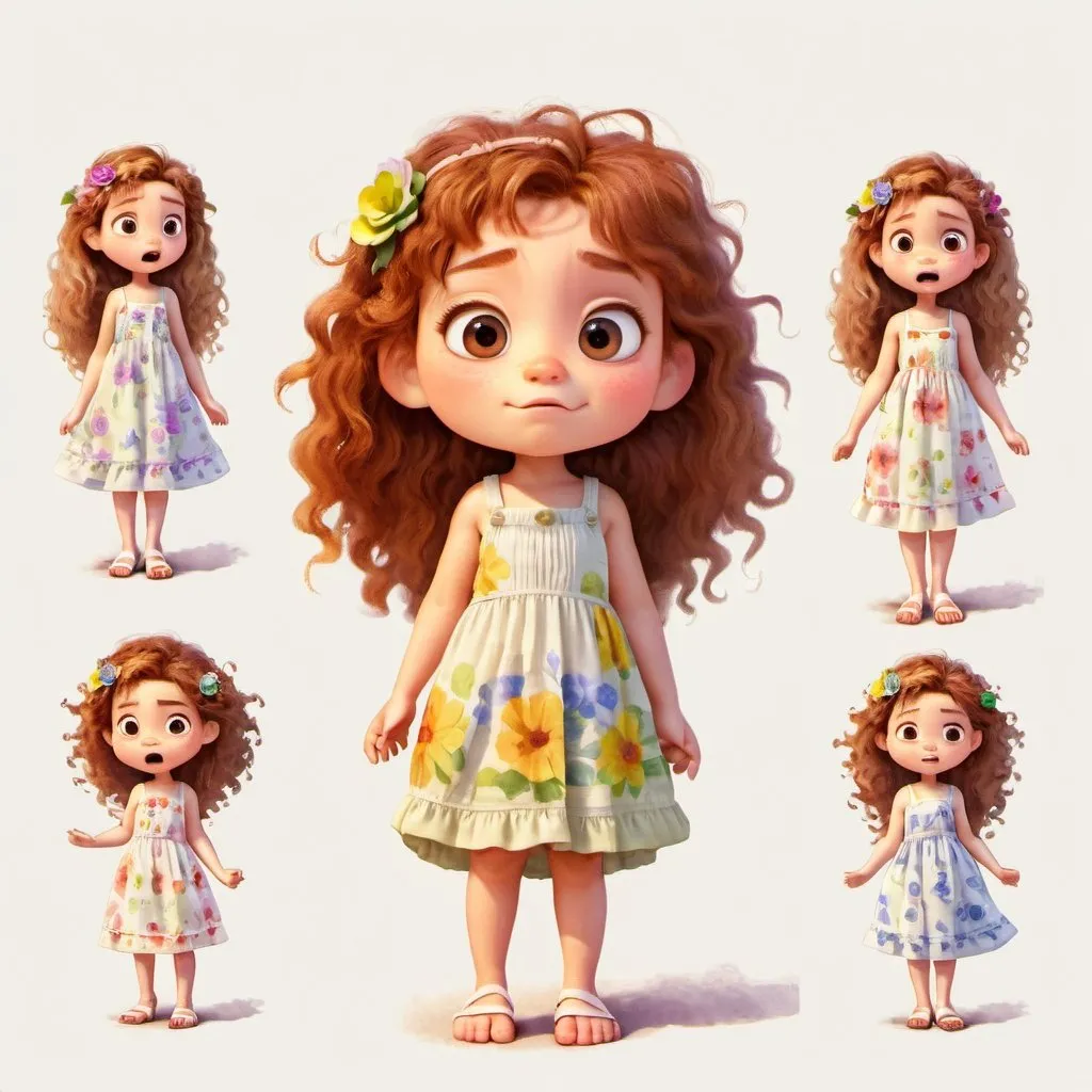 Prompt: little cute girl , white background, multiple poses and expressions, 8 year old girl, flower sundress, long wild curly hair, water colour, in style of chibi, detailed --ar16:9
