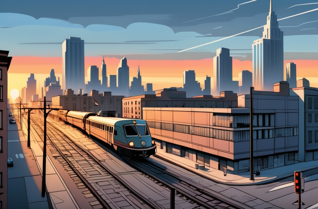 Prompt: a city street with a train on the tracks and tall buildings in the background at sunset or dawn with a few cars driving on the street, Bob Thompson, regionalism, zenith view, a picture, comic style transparent background, no trains